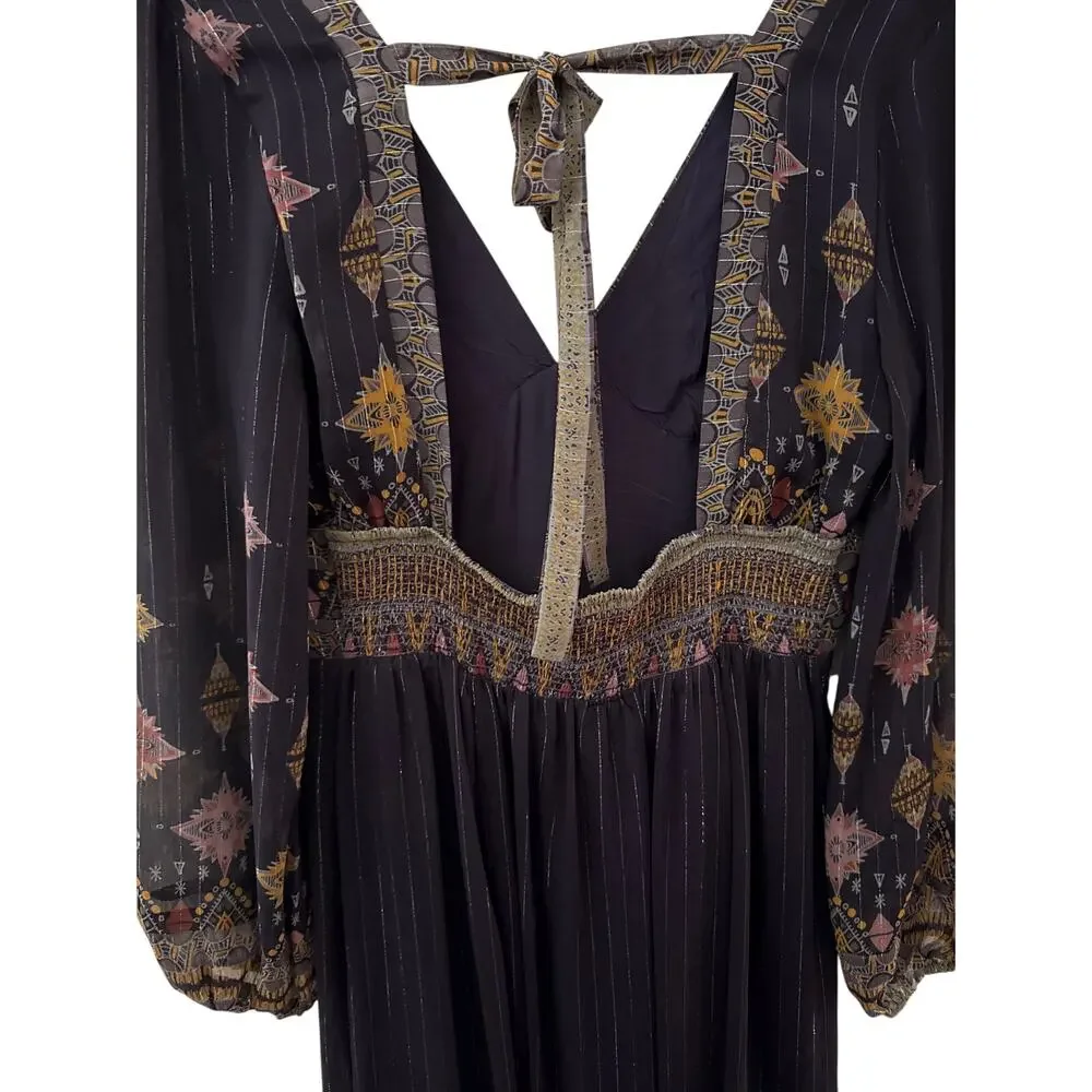 Free People Wishing Well Metallic Lurex Boho Printed Midi Dress Purple Sz Large - Picture 8 of 10